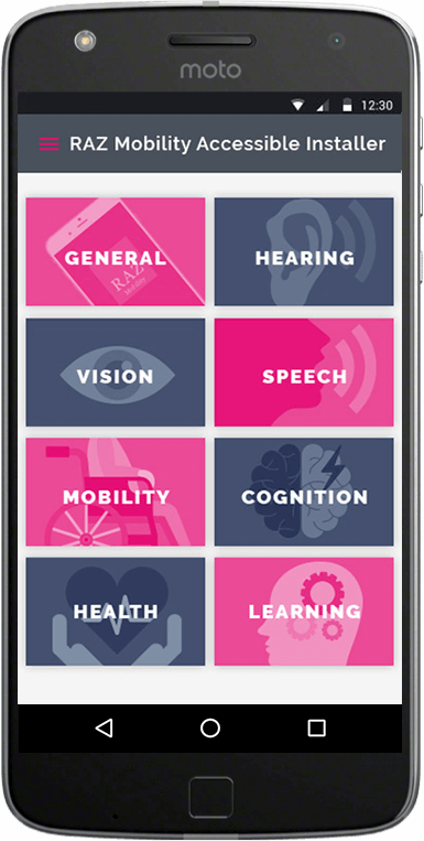 Smartphone display with RAZ Mobility Accessibility Application Installer Screen showing a selection of applications for hard of hearing individuals