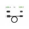 A black USB cable is displayed against a white background. The cable has a USB-A connector on one end and a USB-C connector on the other end, with a loose coil in the middle. Above the cable, the text "USB-A to USB-C" is written in green, with corresponding images of the USB-A and USB-C ports next to their respective labels.