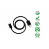 A black USB cable with a USB-A connector on one end and a USB-C connector on the other end is displayed against a white background. The cable is loosely coiled in the middle. On the right side of the image, there are several green icons and text indicating the cable's environmental features.