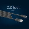A black USB cable with a USB-A connector on one end and a USB-C connector on the other end is displayed against a dark blue background. The cable is partially coiled. Above the cable, the text "3.3 feet (1m)" is written in white, indicating the length of the cable.