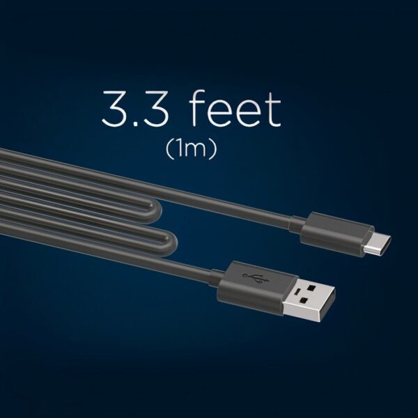 A black USB cable with a USB-A connector on one end and a USB-C connector on the other end is displayed against a dark blue background. The cable is partially coiled. Above the cable, the text "3.3 feet (1m)" is written in white, indicating the length of the cable.