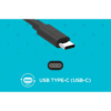 A close-up of a USB Type-C connector is displayed against a bright blue background with small, faint plus signs scattered across it. Below the connector, there is a smaller image of the USB Type-C port and an icon depicting the USB-C symbol. The text "USB TYPE-C (USB-C)" is written in white next to the icon.