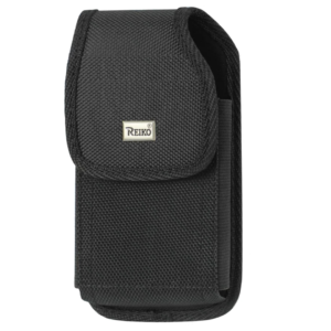 Black textured nylon belt pouch for the RAZ Memory Cell Phone with a flap closure, shown on a white background.