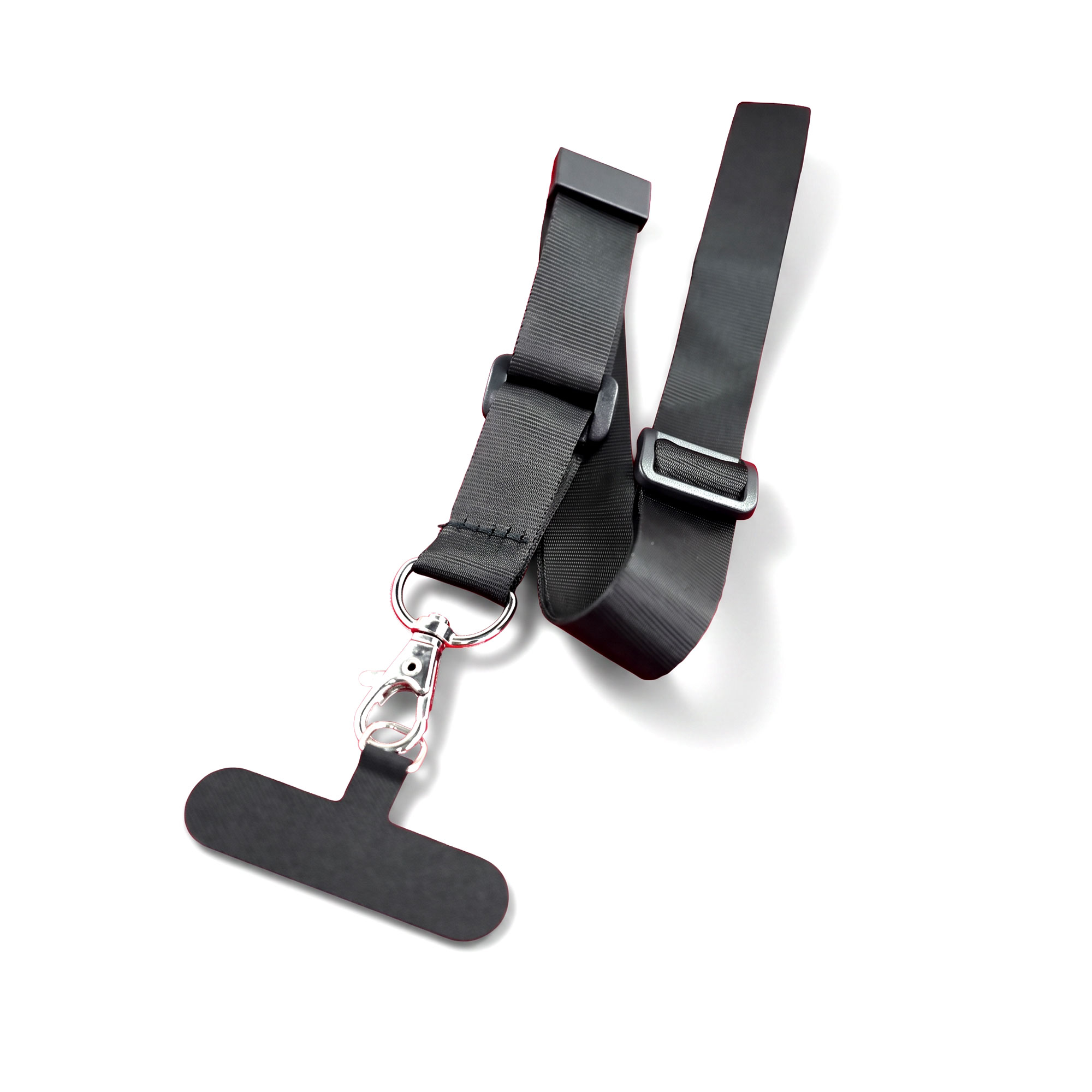 Black polyester RAZ phone lanyard with metal clip, adjustable slider, breakaway buckle, and flat plastic tip