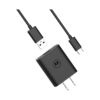 A black USB wall charger with a Motorola logo is displayed against a grey background. The charger has a USB-A port on one side and is shown with a black USB cable, featuring a USB-A connector on one end and a USB-C connector on the other. The USB-A connector is plugged into the charger, while the USB-C connector is shown separately, highlighting the components of the charging setup.