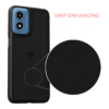 The back of a rugged protective phone case with a close-up of the diamond-textured grip enhancing feature. Text highlights the rugged, diamond-textured exterior designed to minimize slips and accidental drops.