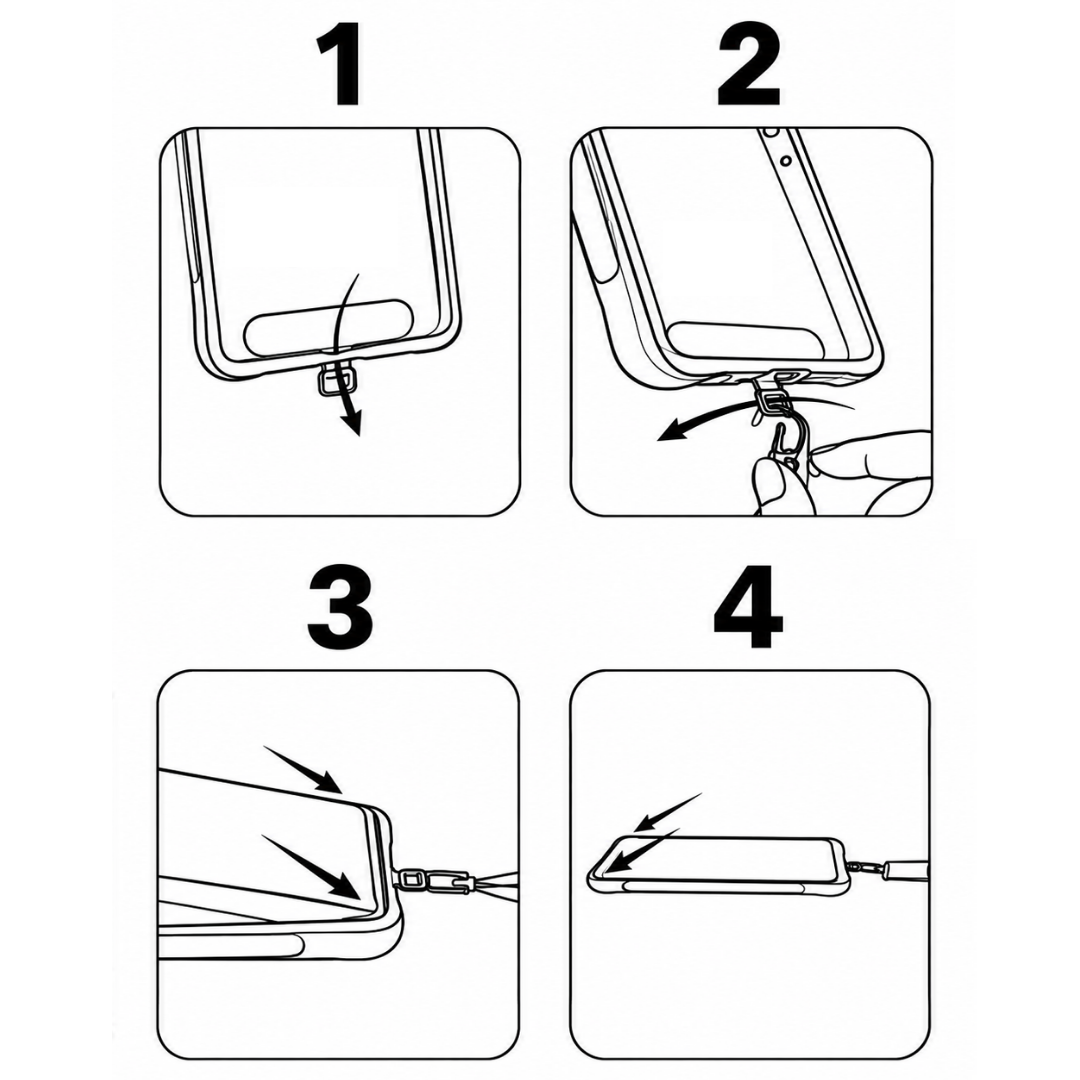 Four-step diagram showing how to attach the RAZ lanyard: insert the plastic tip into the case, clip on the hook, then seat the phone in the case.