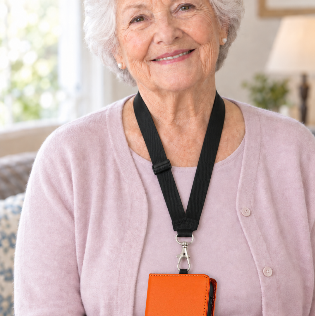 Smiling senior woman wearing the RAZ Memory Cell Phone around her neck on the black lanyard around her neck.