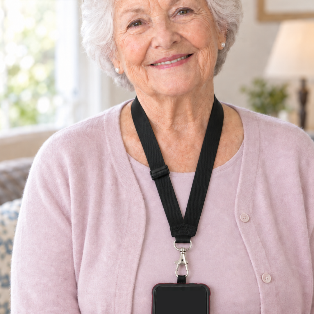 Smiling senior woman wearing the RAZ Memory Cell Phone around her neck on the black lanyard