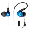 A pair of wired in-ear headphones with a transparent blue casing and black eartips. The design includes an over-the-ear hook for secure fit and comfort. The headphones feature an inline microphone and control button on the cable for easy access to calls and media control. The cable ends with a right-angle 3.5mm audio jack, designed for compatibility with most audio devices.