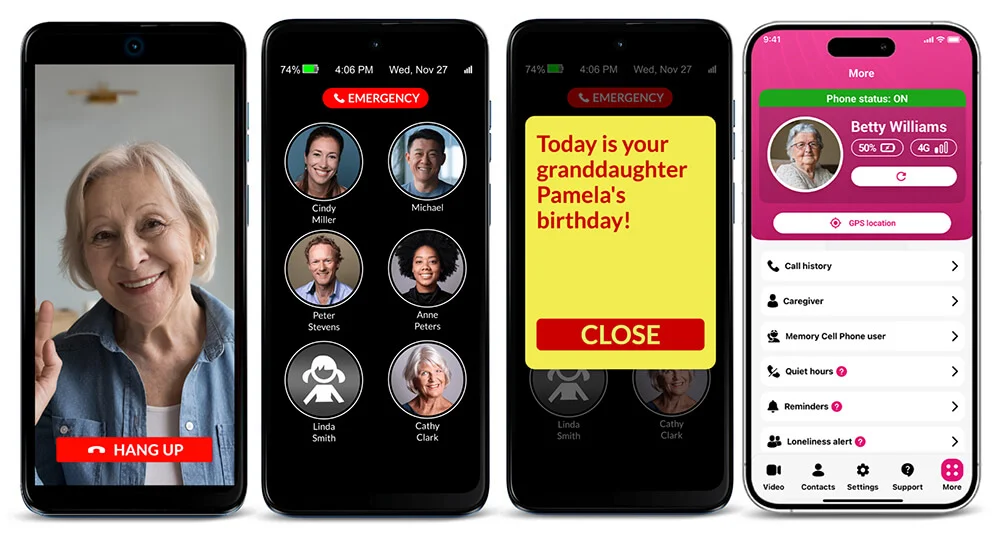 Three RAZ Memory Cell Phone side by side. The first one displays an elderly woman smiling during a video call with a red “Hang Up” button on the screen. The second one shows the home screen with six contact photos and an emergency button. The third shows a bright yellow reminder reading “Today is your granddaughter Pamela’s birthday!” with a red “Close” button. The fourth device is a smartphone that displays the RAZ Care app with the profile of Betty Williams and menu options such as call history, quiet hours, reminders, GPS location and other remote management settings in the More tab.