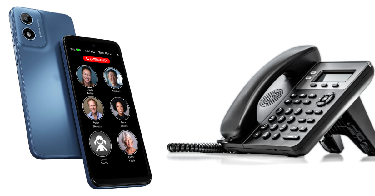 Image showing a side-by-side comparison between two types of phones. On the left, a RAZ Memory Cell Phone is displayed, featuring a simple interface with large contact photos and an emergency call button—designed for seniors or individuals with cognitive impairments. On the right, there is a traditional black landline phone with a corded handset, physical keypad, and small display. The image highlights the contrast between an easy-to-use, mobile, senior-friendly smartphone and a conventional desk phone.