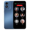RAZ Memory Cell Phone shown from the back and the front, where a simple interface displays six large contact photos and a red “Emergency” call button at the top.