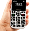 The front view of the MiniVision2+ cell phone being held by a person's hand. The display shows that the time is 08:04 on Thursday, April 16. The phone has tactile, large, high-constrast buttons with bold numbers.