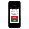 Image showing the RAZ Memory Cell Phone displaying a 911 call confirmation screen. A white pop-up box appears over the contact home screen, asking: “Call 911 – Are you sure you want to call 911?” Below the message are two large, clearly labeled buttons: a red "No" button and a green "Yes" button. The background shows the standard contact screen slightly dimmed with an “EMERGENCY” button visible at the top.