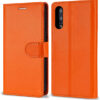 An orange wallet phone case for the RAZ Memory Cell Phone with a front flap and a camera cutout, shown in both front and back positions.