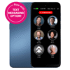 RAZ Memory Cell Phone shown from the back and the front, where a simple interface displays six large contact photos and a red “Emergency” call button at the top. At the top-left corner, there's a magenta badge that reads "Now with Text messaging option!"