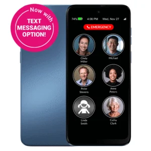 RAZ Memory Cell Phone shown from the back and the front, where a simple interface displays six large contact photos and a red “Emergency” call button at the top. At the top-left corner, there's a magenta badge that reads "Now with Text messaging option!"