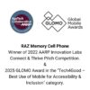 Graphic highlighting awards received by the RAZ Memory Cell Phone. At the top left is the logo for "AgeTech Collaborative from AARP" and on the top right is the "GLOMO – Global Mobile Awards" logo. Below the logos, the text reads: RAZ Memory Cell Phone Winner of 2022 AARP Innovation Labs Connect & Thrive Pitch Competition. & 2025 GLOMO Award in the "Tech4Good – Best Use of Mobile for Accessibility & Inclusion" category.