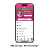 Image showing the “More” screen of the RAZ Care app with the caption “RAZ Care app – Remote manage.” The interface displays information for a senior named Betty Williams, including her profile photo, phone battery status (50%), signal strength (4G), and a “Phone status: ON” indicator. A GPS location button is available below. Menu options include Call History, Caregiver, Memory Cell Phone User, Quiet Hours, Reminders, and Loneliness Alert. The app enables caregivers to remotely monitor and manage all aspects of the RAZ Memory Cell Phone to support senior safety and connection​