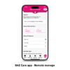 The RAZ Care app's "Add new reminder" screen on a smartphone. The reminder message reads, “Today is your granddaughter Pamela’s birthday!” The interface allows the caregiver to choose a date (10/01/2025) and time (03:00 PM), and set the frequency (One-time, Every day, or Weekly—with One-time selected). The bottom section notes that the user can be reminded through different reminder types. A navigation bar at the bottom provides access to Video, Contacts, Settings, Support, and More. The caption reads “RAZ Care app – Remote manage.”
