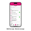 Screenshot of the RAZ Care app’s “Settings” screen on a smartphone. The screen is organized into three sections: Safety, Battery, and General. Under “Safety,” options include receiving a text message when the user calls 911, limiting incoming calls (toggle enabled), and managing emergency calling. Under “Battery,” there are toggles and settings for announcing when the battery is charging (enabled), reminding the user to charge, and sending text alerts when battery drops below 20%. The “General” section includes a link to ringtone settings. A navigation bar at the bottom provides quick access to Video, Contacts, Settings, Support, and More. The caption reads “RAZ Care app – Remote manage.”