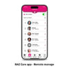 Image showing the RAZ Care app’s “Contacts” screen on a smartphone with the caption “RAZ Care app – Remote manage.” The interface lists six contacts: Cindy Miller, Michael, Peter Stevens, Anne Peters, Linda Smith, and Cathy Clark, each with a phone number, profile photo or icon, and an edit button. A toggle labeled “More contacts” is turned on at the top. The bottom navigation bar includes tabs for Video, Contacts, Settings, Support, and More. This screen demonstrates how caregivers can remotely manage contacts on a senior’s RAZ Memory Cell Phone​