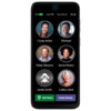 Image showing the home screen of the RAZ Memory Cell Phone with additional options enabled. The display features six large contact icons with photos and names: Cindy Miller, Michael, Peter Stevens, Anne Peters, Linda Smith, and Cathy Clark. At the bottom of the screen, two clearly labeled buttons appear: a green "KEYPAD" button for manual dialing and a purple "VOICEMAIL" button for accessing messages