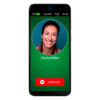 Image of the RAZ Memory Cell Phone during an active call with a contact named Cindy Miller. The screen displays a large, centered photo of Cindy above her name on a green background, indicating the call is in progress. A prominent red "HANG UP" button appears at the bottom for ending the call. The top of the screen shows essential phone status indicators, including battery level (73%), time (3:22 PM), day (TUE), and 4G signal strength.