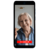 Image showing the RAZ Memory Cell Phone during a live video call. A smiling elderly woman with white hair is visible on the screen, waving at the camera. The interface is minimal, featuring only a single red “HANG UP” button at the bottom. The design is clean and clutter-free, making it especially user-friendly for seniors with dementia or cognitive decline.