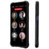 Image of the RAZ Memory Cell Phone in the Memory Cell Phone Rugged Protective Case, shown from front and side angles. The screen displays a simplified layout with large contact buttons labeled Cindy Miller, Michael, Peter Stevens, Anne Peters, Linda Smith, and Cathy Clark, along with a red “EMERGENCY” button at the top. The black case features textured grips and visible side buttons, offering protection without obstructing accessibility.