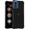 Product photo of the RAZ Memory Cell Phone showing both the front and back of the device. The front screen displays a simple interface with three large contact buttons featuring photos and names—Cindy Miller, Peter Stevens, and Linda Smith—as well as a red "EMERGENCY" button at the top. The status bar shows a 74% battery level and the time (4:06 PM). The back of the phone is visible alongside it, revealing a black textured case with a Motorola logo and a dual-camera setup labeled “50MP Quad Pixel.” The image emphasizes the phone’s user-friendly design and durable construction.