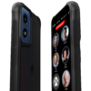 Close-up view of the RAZ Memory Cell Phone inside the Memory Cell Phone Rugged Protective Case Blocking Buttons. The image displays both the front and back of the phone at an angle. The front screen shows large contact icons with names and photos—Cindy Miller, Michael, Peter Stevens, Anne Peters, Linda Smith, and Cathy—alongside a red “EMERGENCY” button at the top. The back reveals a textured black case with reinforced corners. The side grips and raised bezels emphasize the case’s durability and button-blocking design, ideal for senior safety.