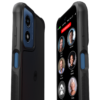 Angled view of the RAZ Memory Cell Phone in the Memory Cell Phone Rugged Protective Case. The front screen shows six large contact buttons with names and photos—Cindy Miller, Michael, Peter Stevens, Anne Peters, Linda, and Cathy—along with a red “EMERGENCY” button at the top. The case features a textured black grip and a reinforced build designed for seniors, providing enhanced durability and ease of use without blocking the side buttons.