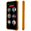 The RAZ Memory Cell Phone is shown in a orange version of the Rugged Protective Case Blocking Buttons. The front screen displays six large contact icons with names and photos—Cindy Miller, Michael, Peter Stevens, Anne Peters, Linda Smith, and Cathy Clark—along with a prominent red “EMERGENCY” button at the top. A side view reveals the case’s textured grip and raised edges, designed to protect the phone and block accidental button presses. The high-visibility orange color enhances accessibility and makes the device easier to locate.