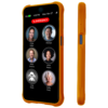 The RAZ Memory Cell Phone is shown in the Memory Cell Phone Rugged Protective Case in orange. The front view displays six large contact buttons with names and photos—Cindy Miller, Michael, Peter Stevens, Anne Peters, Linda Smith, and Cathy Clark—along with a red “EMERGENCY” button at the top. The side view highlights the case’s textured grip and accessible buttons.