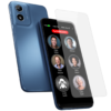 The RAZ Memory Cell Phone is shown from both the front and back, with a transparent screen protector floating in front of the display. The screen displays a simplified interface with six large contact buttons—Cindy Miller, Michael, Peter Stevens, Anne Peters, Linda Smith, and Cathy Clark—and a red “EMERGENCY” button at the top. The phone’s status bar shows a 74% battery level, time (4:06 PM), and date (Wednesday, Nov 27).
