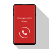 Illustration of a RAZ Memory Cell Phone screen displaying an 'Emergency Call' in progress. The screen is red with the text 'Emergency Call calling...' and a white phone icon within a circular animation, indicating the call is being made.