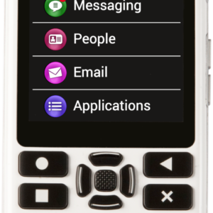 SmartVision3 accessible smartphone with tactile keypad in the lower part and large touchscreen in the upper part of the phone.