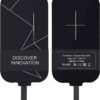 Two wireless charger adapter images with the text "DISCOVER INNOVATION" on the front side and specifications on the back side. The pads have a sleek black design with geometric lines and a small USB-C connector at the bottom.