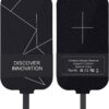 Two wireless charger adapter images with the text "DISCOVER INNOVATION" on the front side and specifications on the back side. The pads have a sleek black design with geometric lines and a small USB-C connector at the bottom.