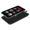 A RAZ Memory Cell Phone placed on a wireless charging pad, showing the home screen with emergency call and contact options.