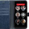 A black wallet case, open, showing the card slots on the left side and a RAZ Memory Cell Phone on the right side. The phone screen displays contact pictures with names and an emergency 911 button at the top.